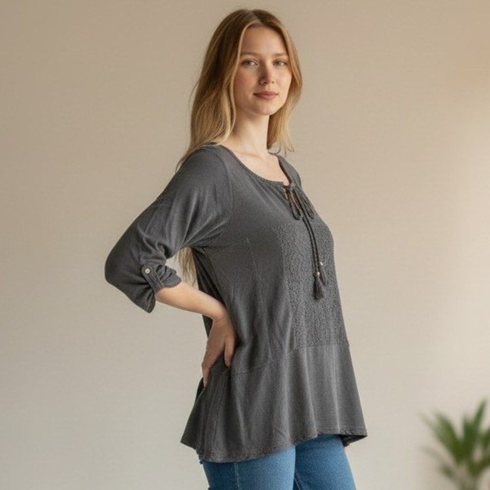 American Eagle Top Womens XL Gray Embroidered Boho Peasant Cottagecore Y2K 9828